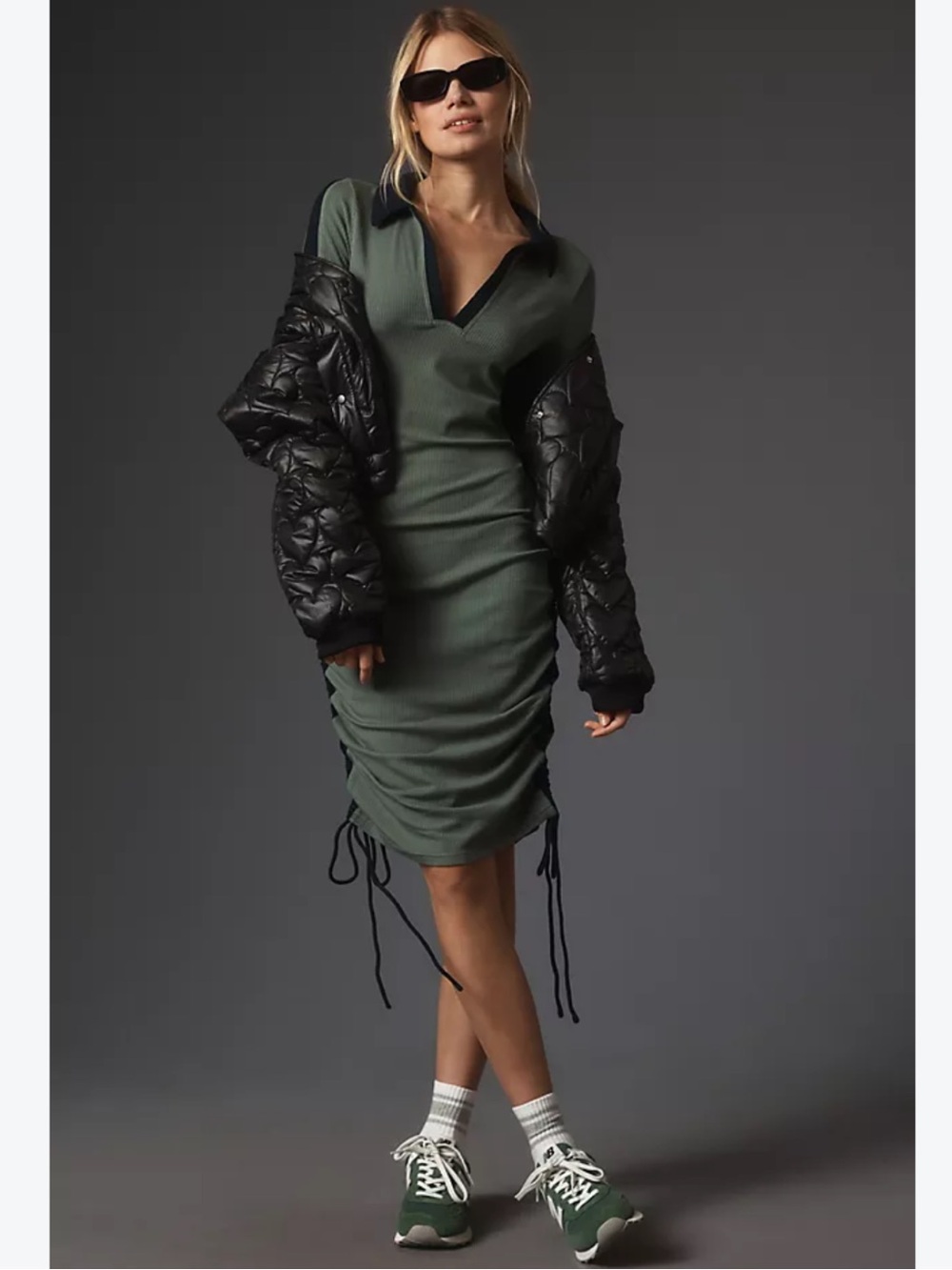 BOGO! Anthropologie Daily Practice Ribbed Knit Polo Dress Green Black XS